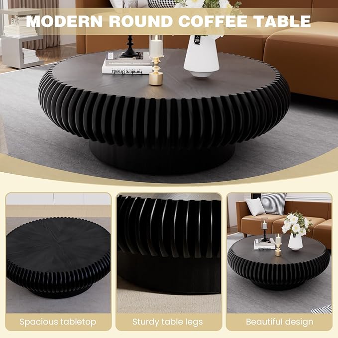 Fluted Round Coffee Table for Living Room 39.37" Modern Drum Coffee Table Mid Century Handcrafted Circle Wood Center Tables with Pedestal for Small Space Apartment (Black Large)