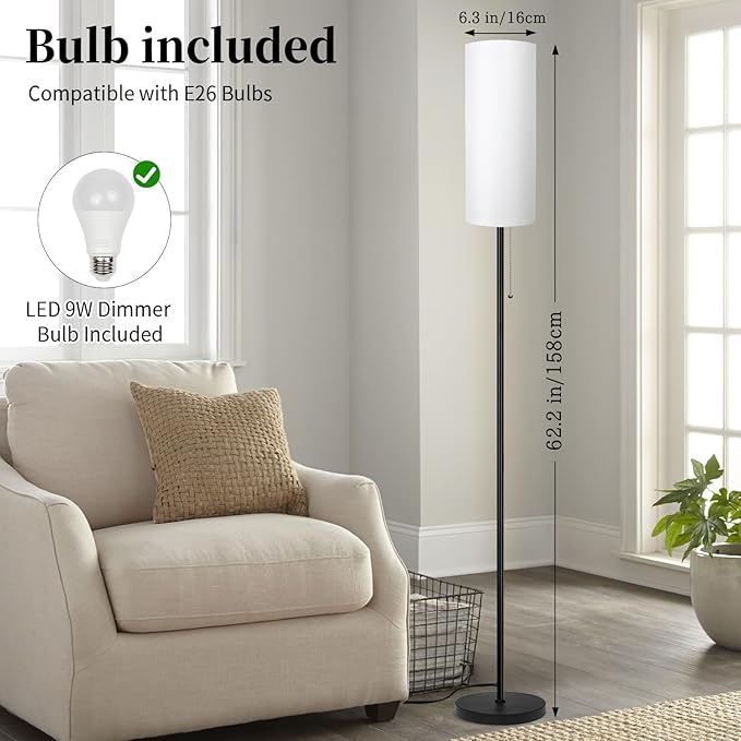 Floor Lamp for Living Room, Modern Standing Lamps with Lampshade, Minimalist Tall Lamp with Chain Switch for Living Room, Bedroom, Kids Room, Office,Standing Lamp LED Bulb Included (White Shade)