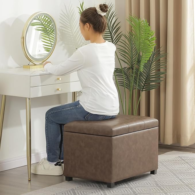 Joveco 24" Leather Storage Ottoman Bench, Rectangle Foot Rest Stool for Living Room, Bedroom, Entryway, Earthy Light Brown Veining