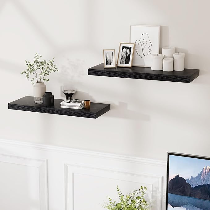 Fun Memories Floating Shelves for Wall, 24 x 9.3 Floating Shelf Wall-Mounted, Rustic Wood Bathroom Shelf Set of 2, Deep Bookshelf Storge Shelves for Living Room, Bedroom, Farmhouse, Black Color