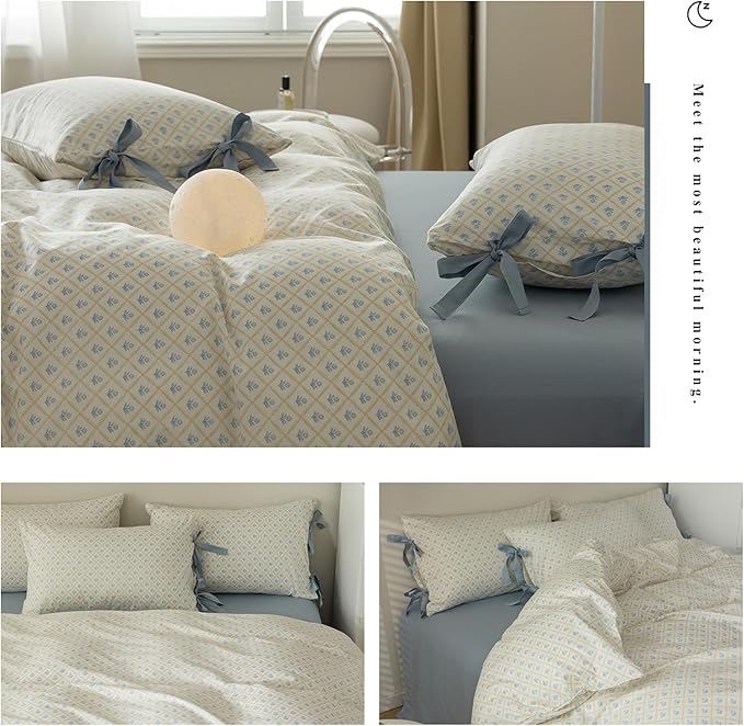 Blue Floral Duvet Cover Twin XL Garden Style Soft Cotton Floral Bedding Comforter Cover Plaid Grid Design Vintage Blue Flower Duvet Cover with 2 Bowknot Pillowcases Botanical Cottagecore Bedding Sets