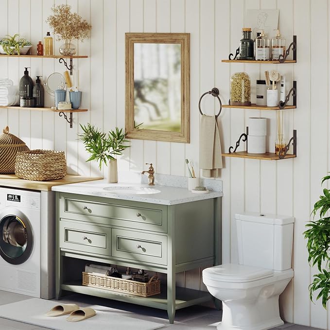 DINZI LVJ Deep Floating Shelves, 16" W x 12" D Wall Shelves Set of 2, Wide Display Shelf Mounted with Brackets, Easy-to-Install Wall Bookshelf for Living Room, Bathroom, Bedroom, Rustic Brown