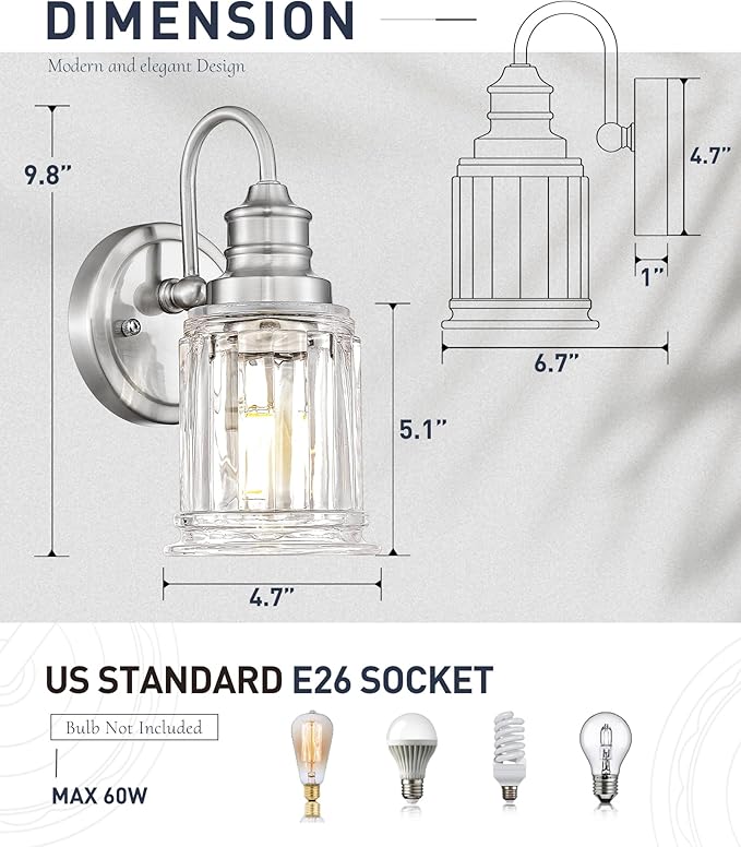 Bathroom Wall Sconces Brushed Nickel, HWH Modern Bathroom Vanity Wall Light Sconce Wall Lighting Set of 2, 1-Light Wall Sconce Bell-Shaped Fluted Glass, 5HZG106B-2 BN