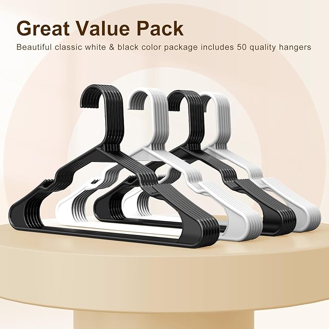 HOUSE DAY Plastic Hangers 50 Pack - Black Clothes Hangers with Non-Slip Shoulder Grooves, Durable and Sturdy Coat Hanger, Space Saving Slim Design Perfect for Closet Organizers and Storage
