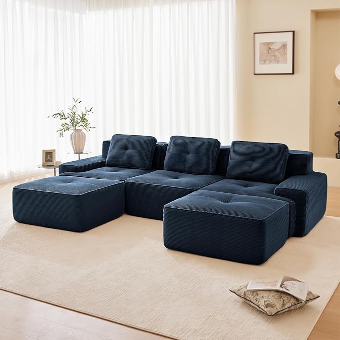 115" Modern Compressed Boneless Couch with Ottoman, 3 Seater Large U Shaped Sectional Couches for Living Room, Blue Corduroy Cloud Modular Sectional Sofa, Memory Foam, Extra Deep, No Assembly