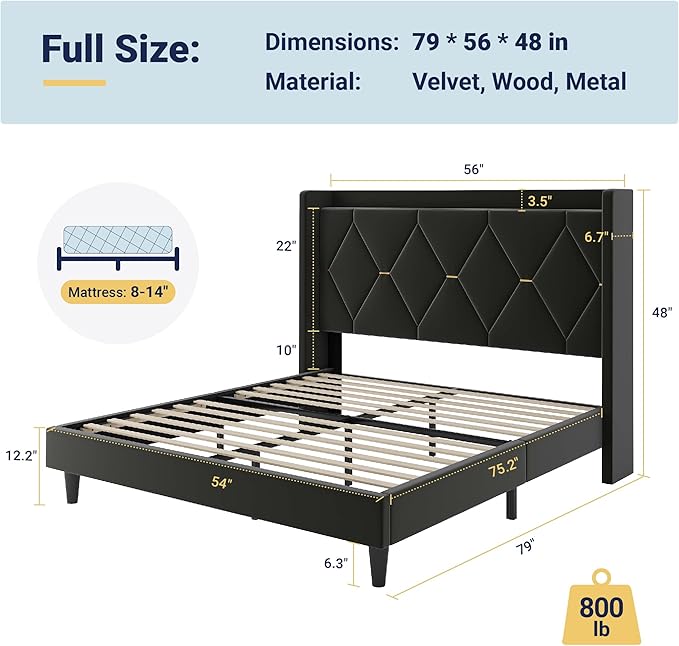 Allewie Velvet Full Size Upholstered Bed Frame with Wingback Storage Headboard & Charging Station, Platform Bed with Diamond Tufted Design & Gold Trim, No Box Spring Needed, Easy Assembly, Black