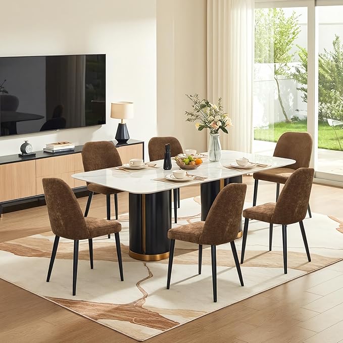 Upholstered Dining Chairs Set of 6, Mid Century Modern Fabric Dining Room Chair High-Back Padded Kitchen Chairs with Padded Seat and Metal Legs for Kitchen Dining Room Restaurant Cafe, Brown