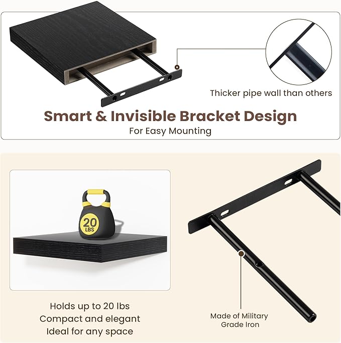 Fun Memories Floating Shelves for Wall - 7.5 Inch Square Shelves with Invisible Brackets, Black Small Wall Shelf for Living Room, Bathroom, Bedroom, and Kitchen Decor，Black Set of 3