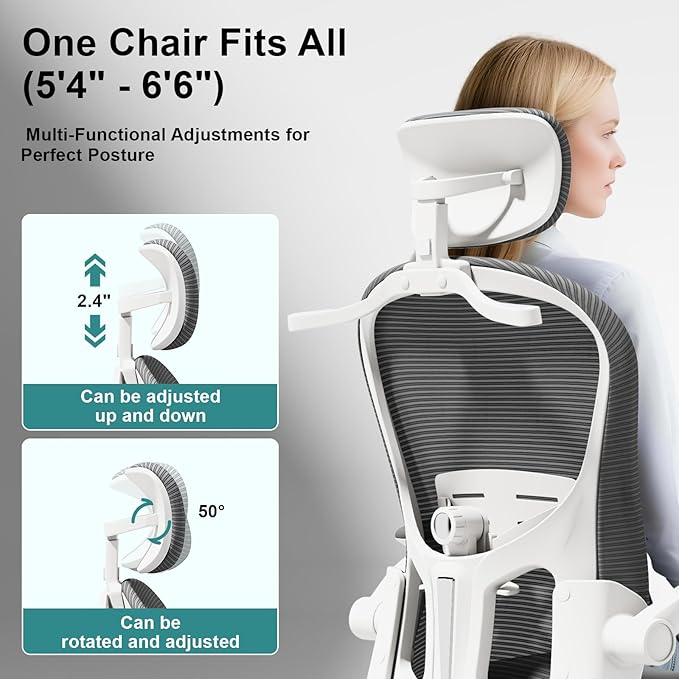 Ergonomic Gaming Chair with Adjustable Lumbar Support and Headrest, High Back Computer Chair for Office and Home Desk, 90-120° Reclining Swivel Task Chair with Flip-Up Arms(White-Grey)