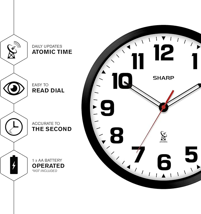 Sharp Atomic Analog Wall Clock - 12" Black Stylish Frame - Sets Automatically- Battery Operated - Easy to Read - Easy to Use – Modern Design and Style