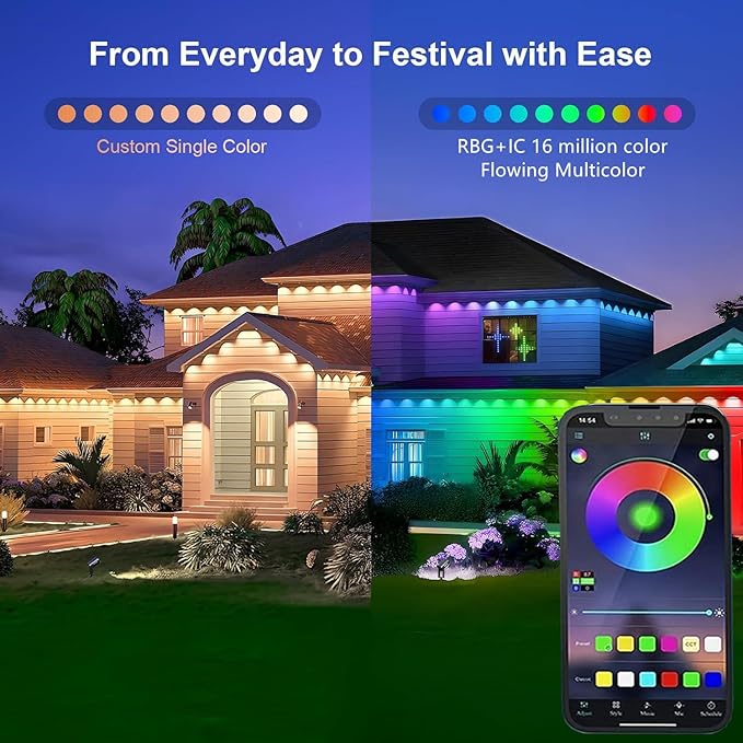Permanent Outdoor Lights,100ft RGB + IC Smart LED Eaves Lights with App & Remote Control, IP67 Waterproof,for Christmas and All Holiday Decor,Daily and Accent Lighting,House Roof and Garden Lighting