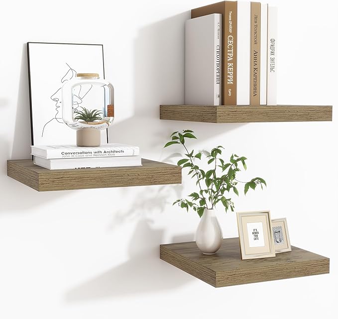 Fun Memories Floating Shelves for Wall - 9 Inch Square Shelves with Invisible Brackets, Small Wall Shelf for Living Room, Bathroom, Bedroom, and Kitchen Decor，Set of 3
