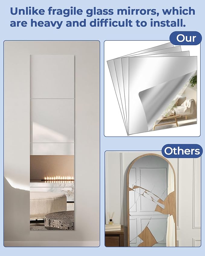 4 Pack Peel and Stick Mirror Tiles, 16x16 Inch Shatterproof Flexible Stick on Mirrors for Wall, Full Length Body Mirror for Home Gym, Bedroom, Door and Bathroom Decor