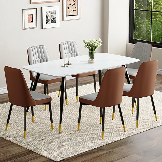 7 Piece Modern Dining Set, 62'' Sintered Stone Dinner Table for 6, Easy to Assemble