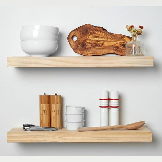 Homeforia 24 inch Natural Floating Shelf, High End Solid Real Wood 24inch Small Floating Shelves for Wall Mounted, Natural Wooden Floating Shelves, Heavy Duty Bracket, 24 X 6.5 X 1.75 in, Set of 3