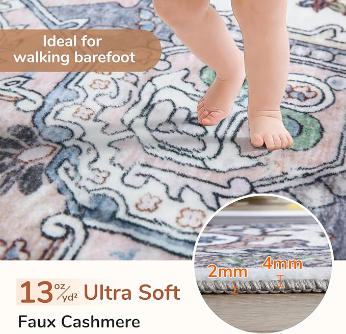 OPPODREAM Thin Area Rugs 3x5, Washable Rugs with Non Slip Backing, Low-Pile Throw 3x5 Carpet, Faux Cashmere 3 x 5 Carpet, Purple & Green & Cream