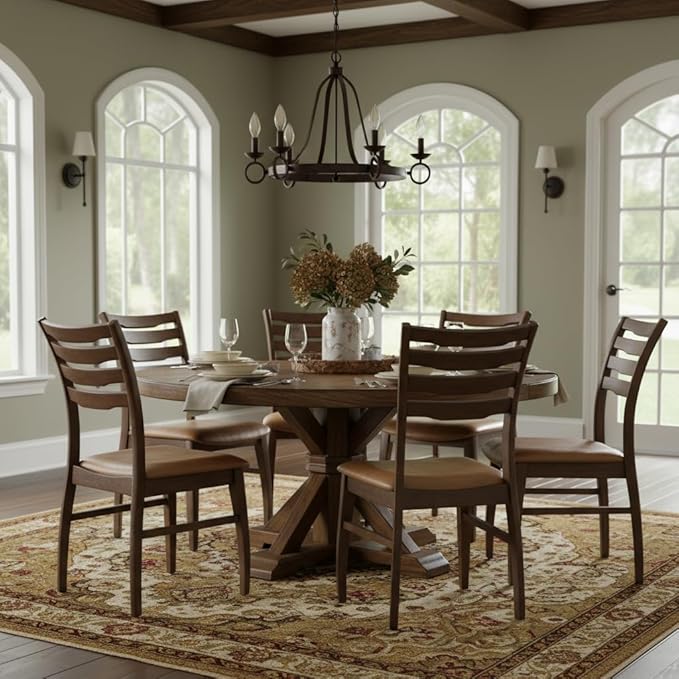 DUOMAY Farmhouse Dining Chairs Set of 4, PU Brown Upholstered Side Chairs Solid Wood Ladder Back Kitchen Chairs for Home Dining Room, Walnut Frame