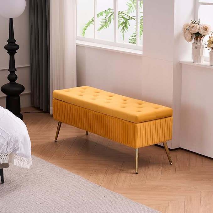 Velvet Storage Bench for Bedroom, Rectangle Upholstered End of Bed Bench Modern Tufted Ottoman with Gold Legs for Living Room/Window/Entryway (Mustard Yellow-45.5" W)