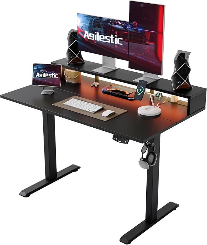 Electric Height Adjustable Standing Desk with Power Outlet and LED Light Strip, Sit to Stand, Ergonomic 48x24" Rising Desk with Memory Presets, Home Office Workstation, Computer Gaming Table, Black