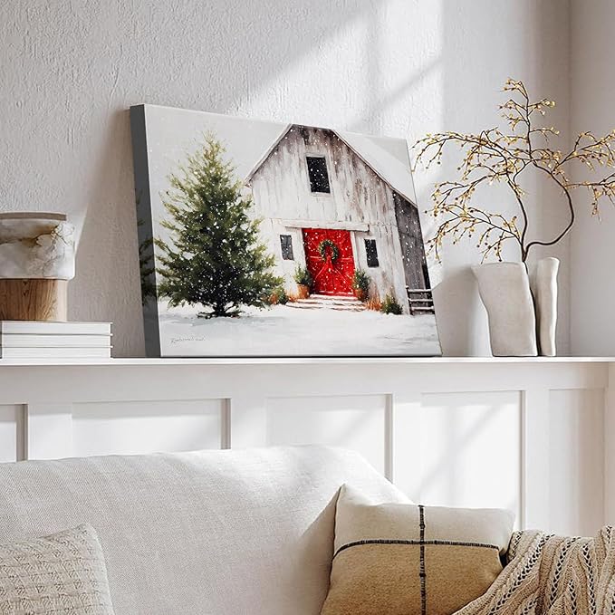 Vintage White Barn & Snowy Tree Winter Landscape Canvas Wall Art - Farmhouse Christmas Framed Canvas Prints, Rustic Christmas Wall Decor for Living Room, Cozy Christmas Gifts & Festive Decorations