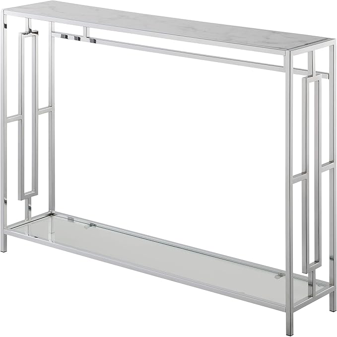 Town Square Chrome Console Table with Shelf, White Faux Marble/Chrome