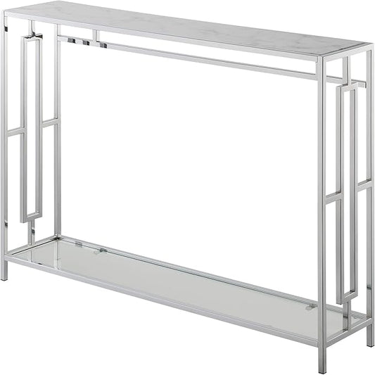 Town Square Chrome Console Table with Shelf, White Faux Marble/Chrome