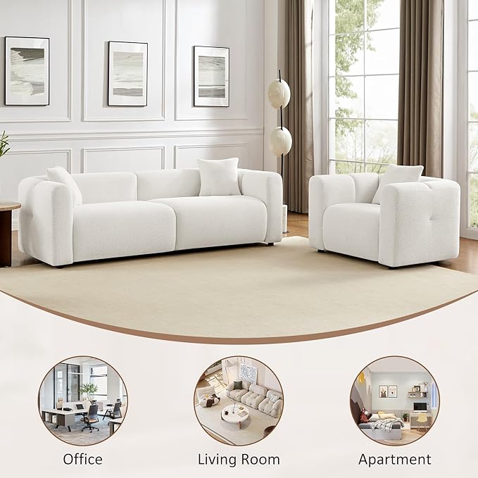 VANOMi 42" Width Accent Chair for Living Room, Modern Lounge Chair with Pillow, Comfy Upholstered Boucle Single Sofa Chair for Living Room (White)