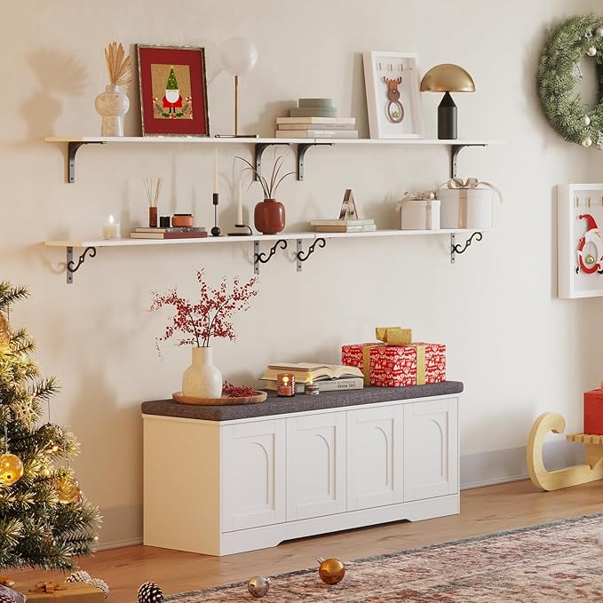 DINZI LVJ Long Wall Shelves, 55.1" Large Floating Shelves Set of 2, Farmhouse Display Shelf Wall Mounted with Heavy Duty Brackets, Easy Assembly for Kitchen, Bathroom, Bedroom, Balcony, White