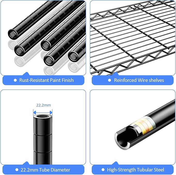 IZEUK 5-Tier Storage Shelving Unit with Wheels, Adjustable Heavy Duty Steel Wire Rack Organizer (Black, 17.7" D x 47.2" W x 76.7" H, 1750 lbs Capacity) for Garage, Kitchen, Office, Laundry, Basement