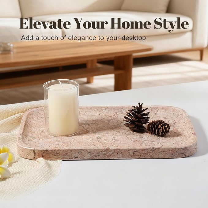 Koville Marble Tray, 12"x8" Natural Marble Vanity Tray for Countertop Bathroom Kitchen Dresser, Decorative Catchall Trays for Perfume Jewelry, Rectangular Stone Serving Tray(Pink)