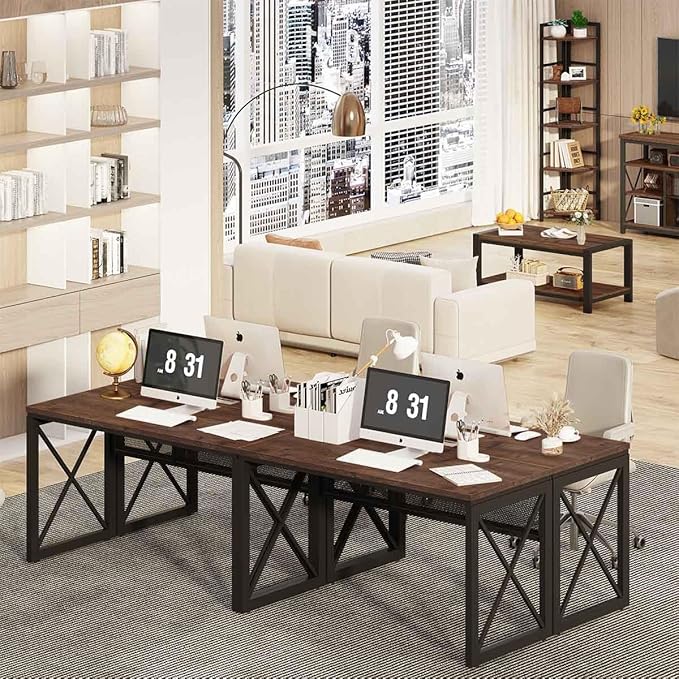 BON AUGURE Farmhouse Computer Desk, Modern Industrial Home Office Desks, Wood Metal Study Writing Table, Sturdy Gaming Desk (Rustic Oak, 54 Inch)