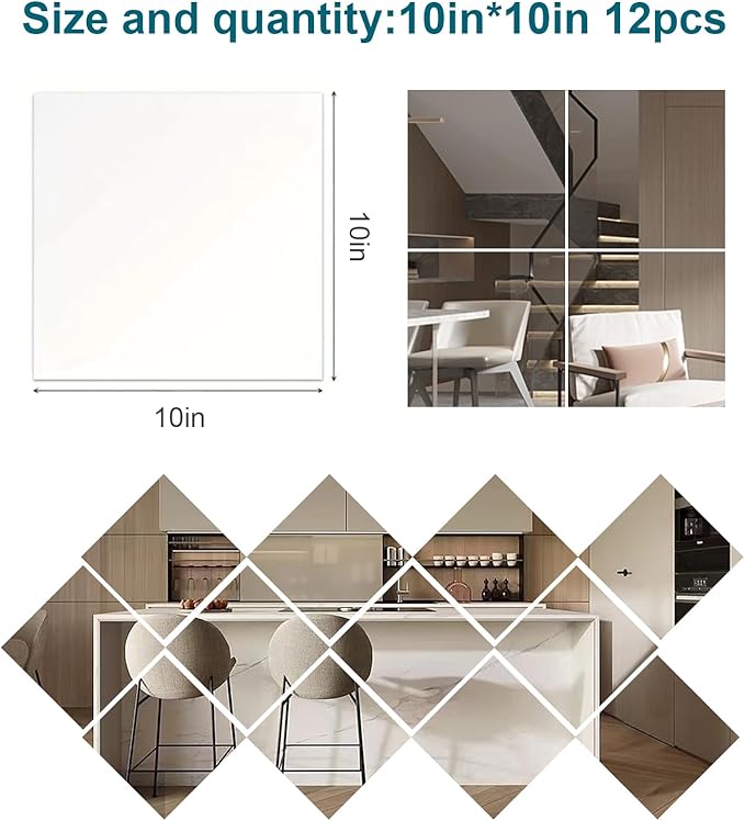 12 Pack 10x10 Inch Wall Mirror, Acrylic Mirror Tiles for Wall, Large Shatterproof Full Length Mirror, Self-Adhesive Plastic Sheets for Home Gym, Bedroom, Workout Room