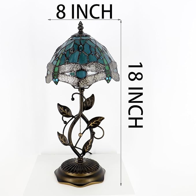 Small Stained Glass Lamp Sea Blue Dragonfly Style Table Lamps Desk Bedside Reading Light 8X8X18 Inches with Bronze Metal Leaf Resin Base
