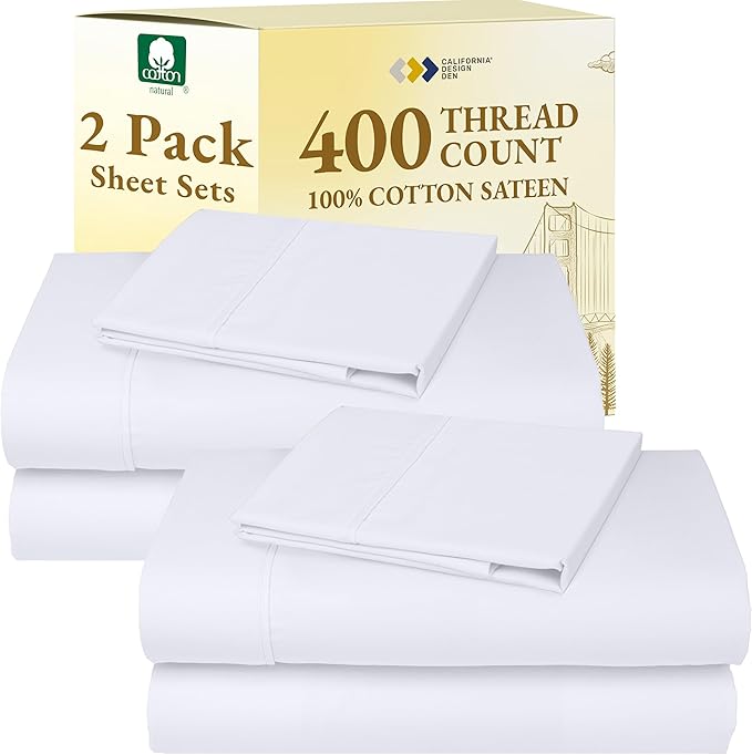 2-Pack Twin Cotton Sheets Sets - 400 Thread Count 100% Cotton Sateen - Extra Soft, Breathable & Cooling Sheets, Wrinkle Resistant, 2 Sets of Deep Pocket Bed Sheets - Bright White