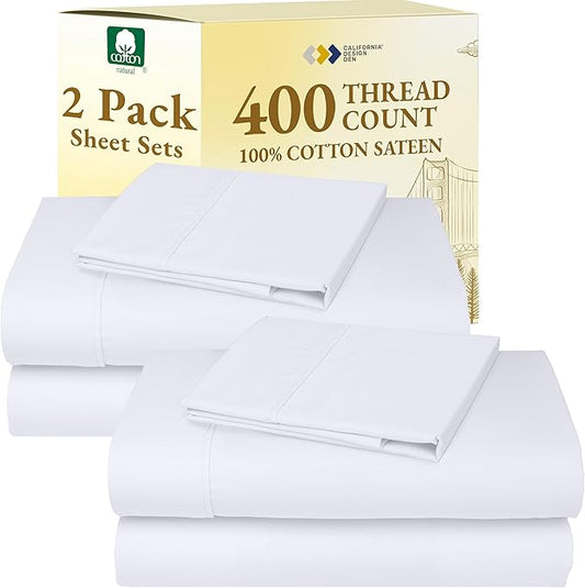 2-Pack Twin Cotton Sheets Sets - 400 Thread Count 100% Cotton Sateen - Extra Soft, Breathable & Cooling Sheets, Wrinkle Resistant, 2 Sets of Deep Pocket Bed Sheets - Bright White