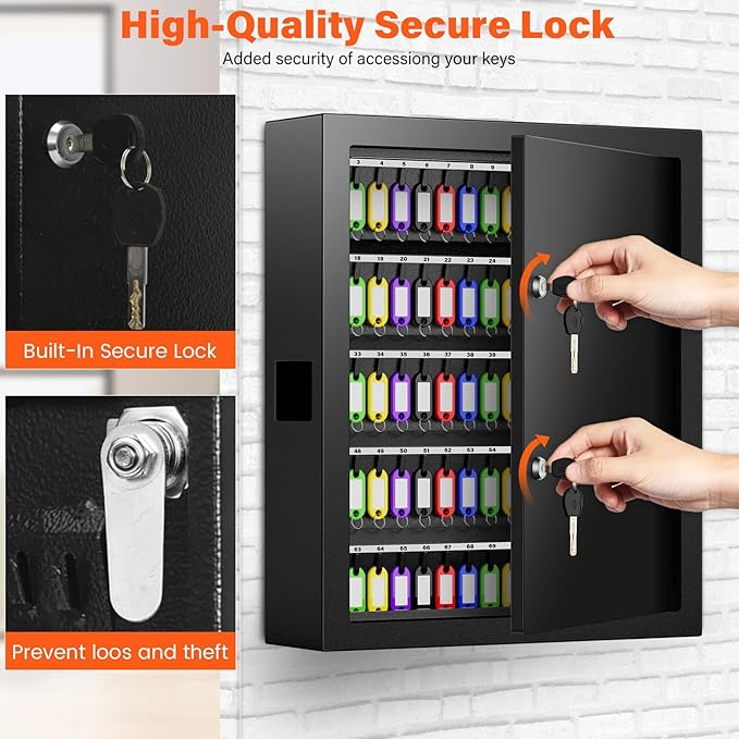 125 Keys Dual Lock Box Wall Mount, Anti-Theft Key Cabinet with Key Hooks & 125 Tags Key Labels, Steel Drop Slot Key Safe for Hotels & Office & Companies & Car Dealerships