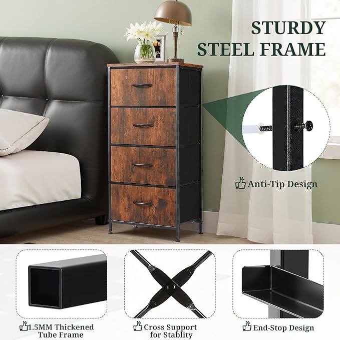 Nightstand, 4 Drawer Dresser End Table Bedside Furniture with Wooden Top Steel Frame Fabric Bins for Bedroom, Closet, Entryway, Dorm, Living Room, Brown