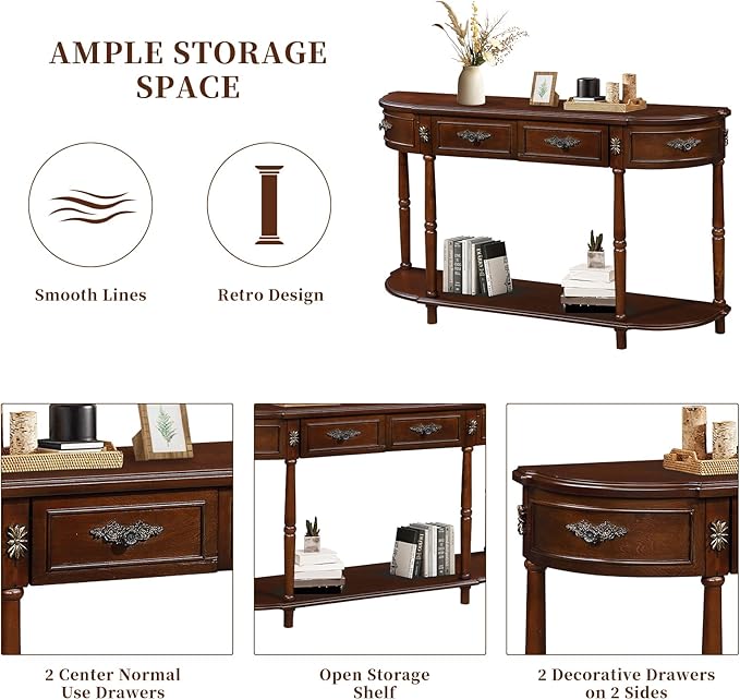 HMFULE Retro Curved Console Table, 52" Half Moon Console Table Sofa Table Entryway Table with 2 Drawers 1 Open Shelf Solid Pine Legs for Living Room,Entryway,Hallway,Cherry