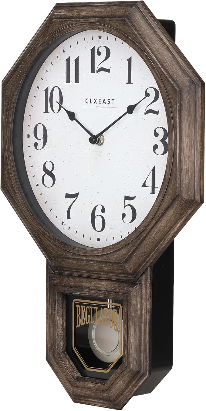 CLXEAST Pendulum Wall Clock, Large Schoolhouse Regulator Pendulum Wall Clocks for Living Room Decor,Dark Grey Oak Finished Plastic,House Warming Gifts New Home,12" W x 17.5" H