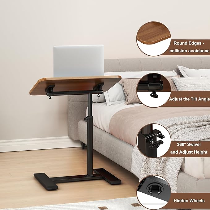 Adjustable Height C Shaped Side Table,360°Swivel Overbed Table,Top Tilting Laptop Stand Table with Hidden Wheels,Mobile Couch End Tables that Slide under,Rolling TV Coffee Table for Sofa/Bed(walnut)