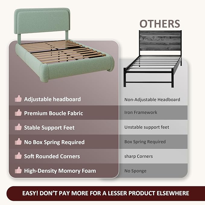 King Boucle Platform Bed Frame with Height Adjustable Headboard, Modern Upholstered Cloud Bed, Sleek Curved Design, No Box Spring Needed, Easy Assembly, Noise Free, Green
