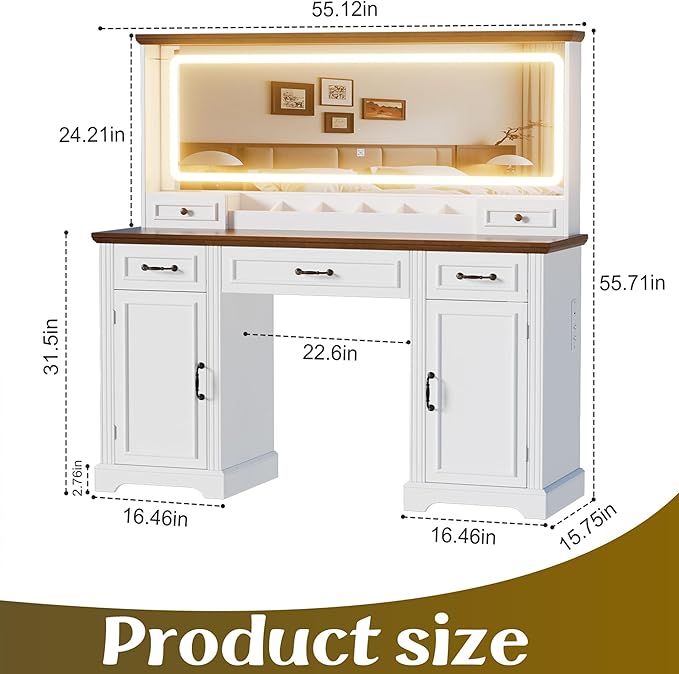 PAKASEPT 55.12" Large Makeup Vanity with LED Lights and 3 Light Modes, Vanity Set with 5 Drawers and Power Outlet, Vanity Desk for Women, Girls