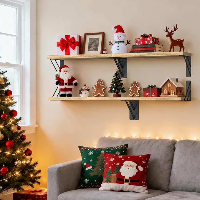 BAYKA Shelves for Bedroom Decor, Floating Wall Shelf for Living Room Kitchen Storage, Wall Mounted Rustic Shelves for Kids Books, Corner Shelf for Bathroom(Carbonized Brown,Set of 4)