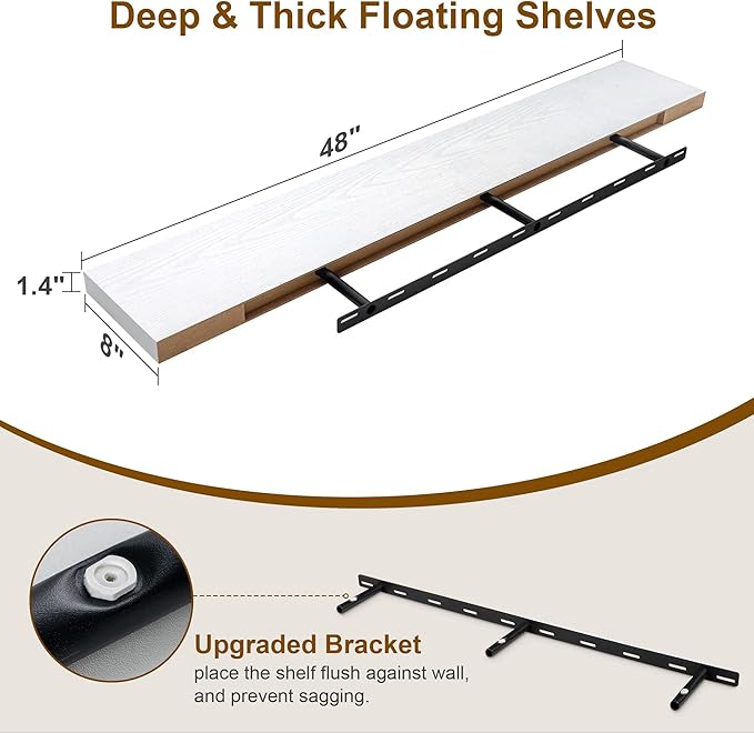 White Floating Shelves 48 Inch Long, 8 Deep Floating Shelves for Wall, Rustic 48" Long Fireplace Mantel, Large 48 x 8 Wall Shelves for Bedroom, Living Room, Bathroom, White Deep Shelves Set of 1