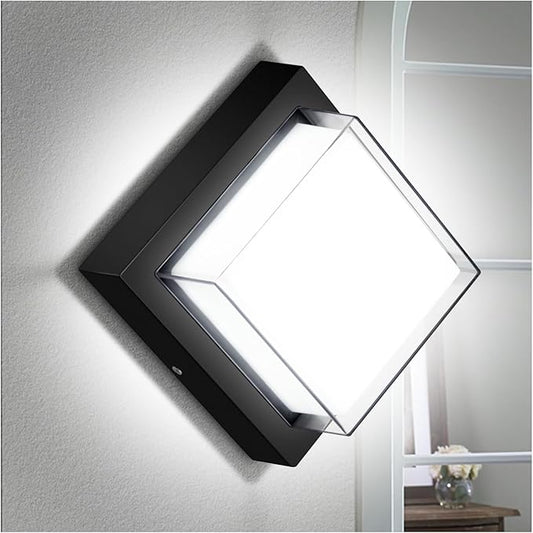 Exterior Wall Lights, Modern Waterproof Outdoor Ceiling Wall Mount Lighting, Black Square Small Led Porch Light with Anti-Rust 6000K Daylight 12W for Garage, Entryway,House