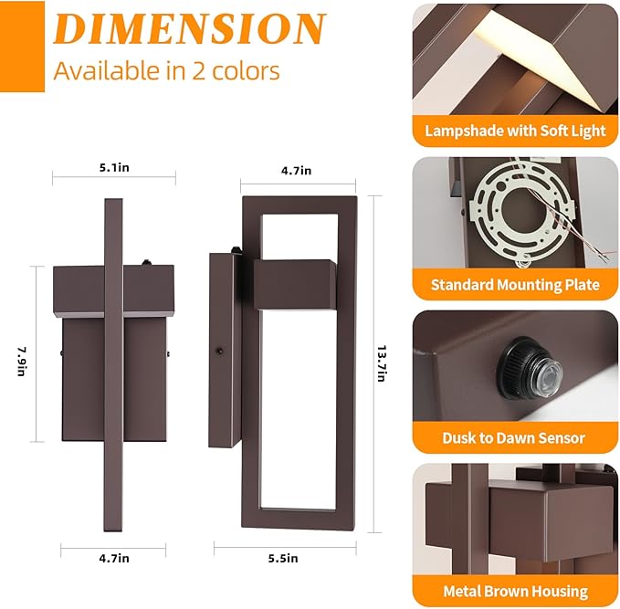 tewei LED Outdoor Wall Sconce Dusk to Dawn Outdoor Lighting, Modern Exterior Lighting Fixtures, Brown LED Front Porch Lights Outside Wall Mount Lights for House, Hallway, Warm White 3000K, 1 Pack
