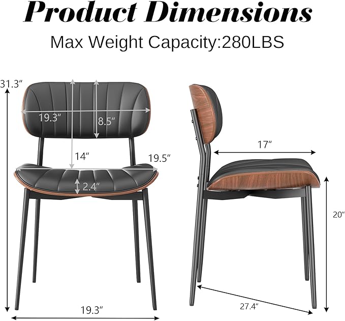 Modern PU Leather Dining Room Chairs Set of 4, Upholstered Kitchen Chairs with Walnut Bentwood Back and Metal Legs Adjustable Feet for Kitchen Dining Room(Balck)