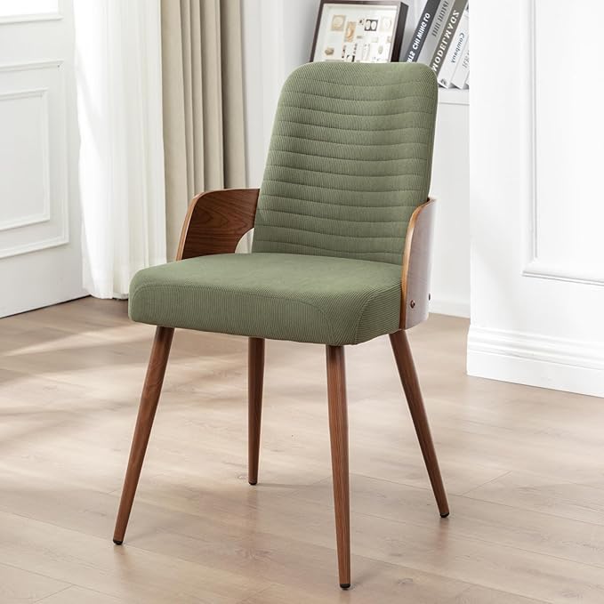 Dining Room Chairs,Mid Century Modern Kitchen Chairs,Green Corduroy Fabric Upholstered Accent Chairs,Metal Legs Wooden Desk Chairs,Armless and No Wheels for Kitchen Dining Room,1PCS