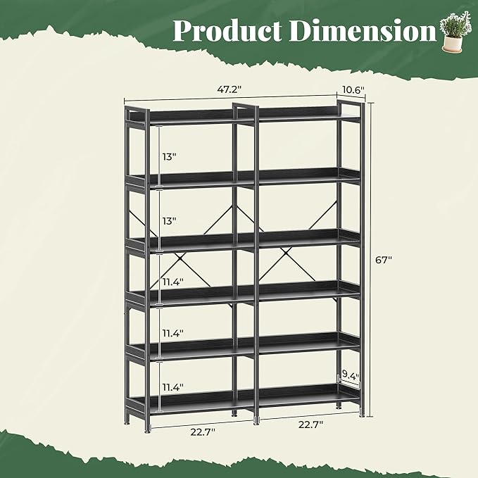 Huuger 6 Tier Bookshelf, Display Bookshelf with 12 Open Shelves and Raised Baffle, 47.2 Inch Straight Wide Bookcase with Metal Frame and Wooden Board, Adjustable Feet, Black