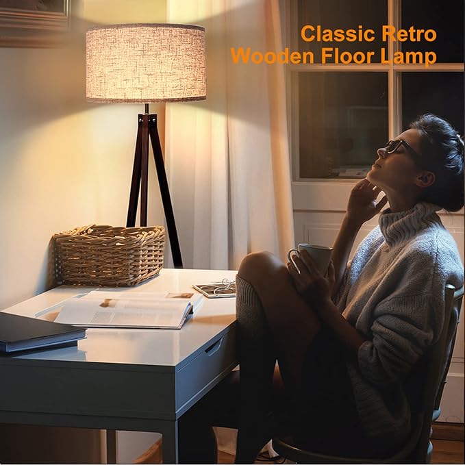 LEPOWER Wood Tripod Floor Lamp, Mid Century Standing Lamp, Modern Design Studying Light for Living Room, Bedroom, Study Room and Office, Flaxen Lamp Shade with E26 Base Walnut